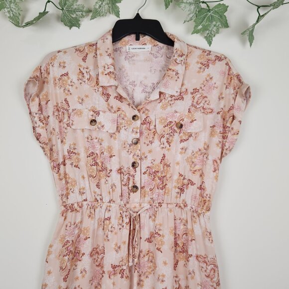 Lucky Brand Size L Floral Print Button Front Boho Shirt Midi Dress with Pockets - Picture 3 of 9